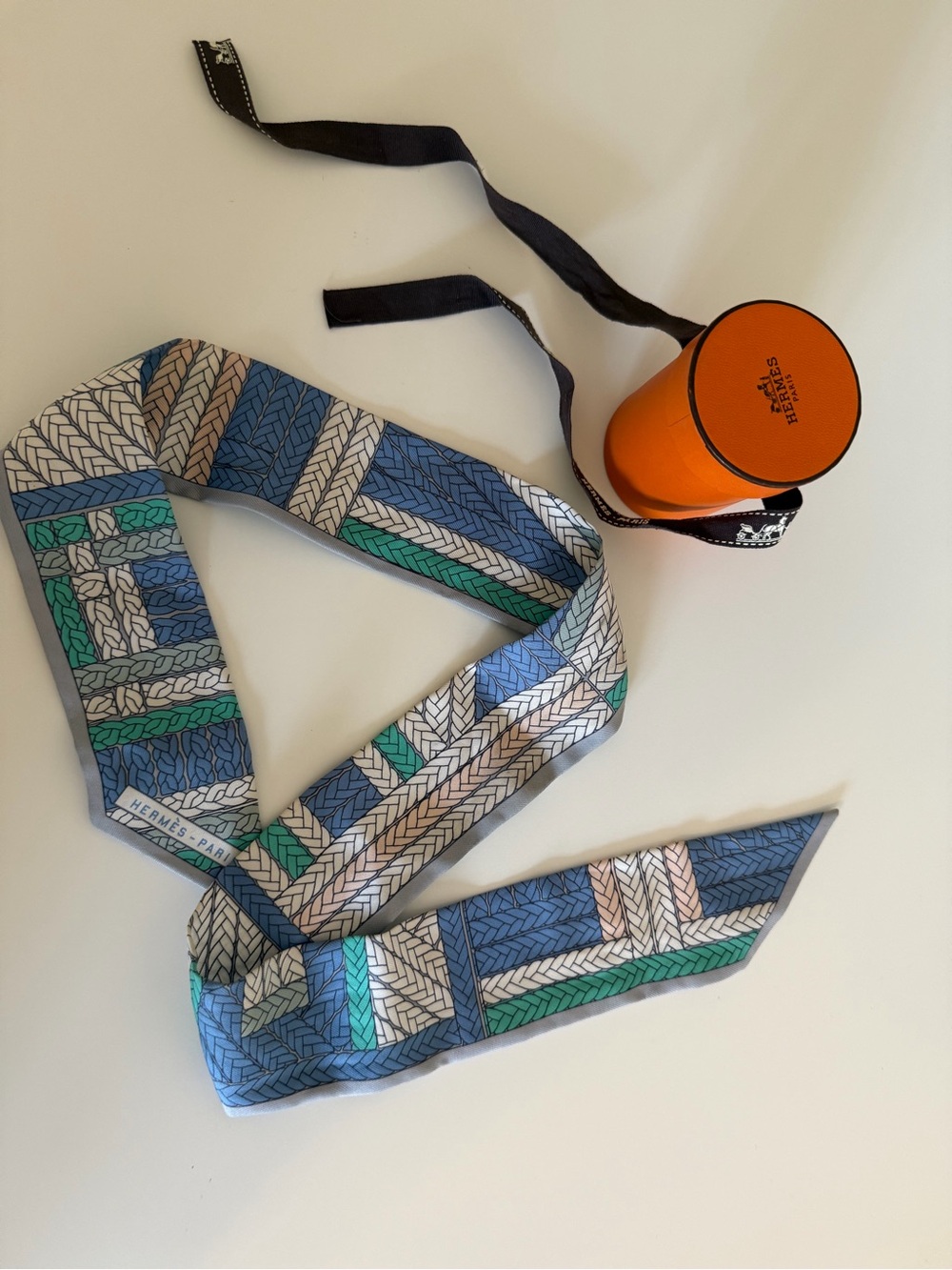 Hermes Blue & Green Printed Twilly Scarf -